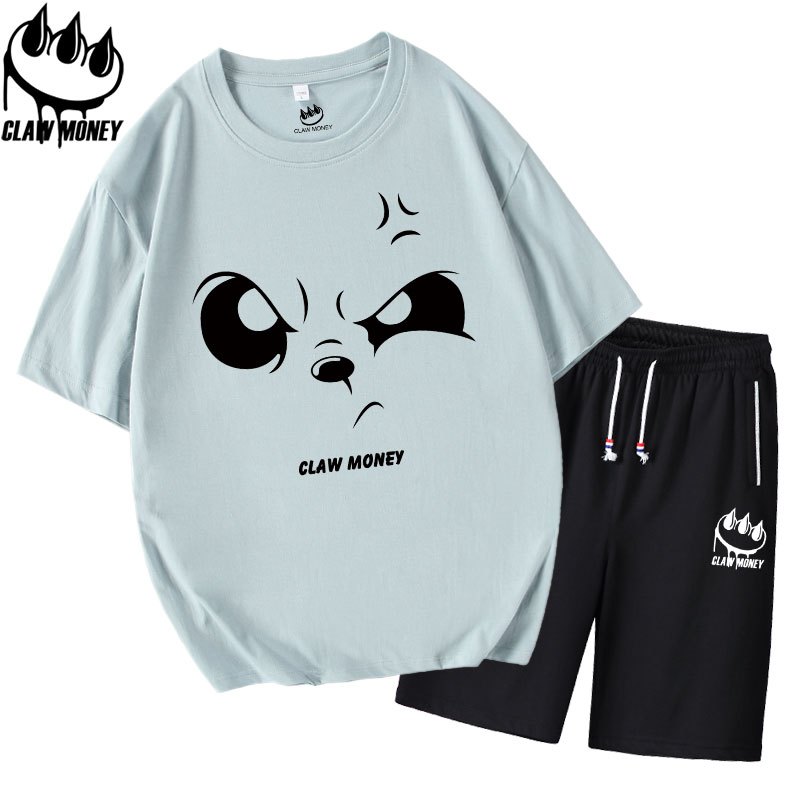 Claw money潮牌短袖T恤套装男纯棉整套青少年短裤宽松大码五分裤