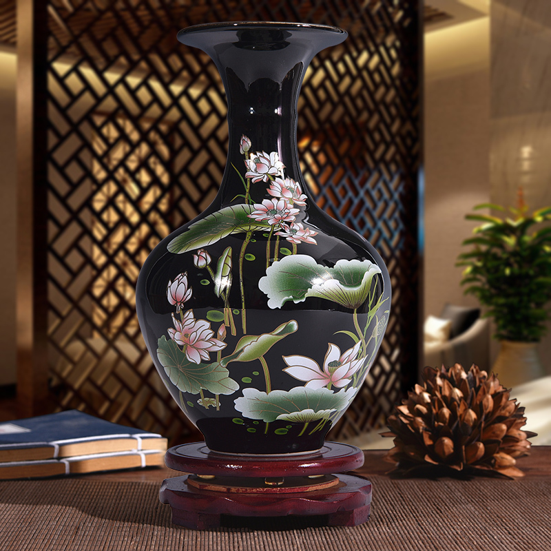 陶瓷器乌金釉花瓶现代家居客厅装饰品摆件荷花粉彩赏瓶-乌金釉赏瓶 送