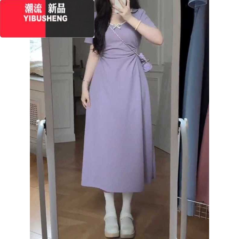 YIBUSHENG大码法式茶歇气质连衣裙女季胖mm收腰显瘦遮肚高级感小众长裙子 蓝色 XL码建议120-140斤
