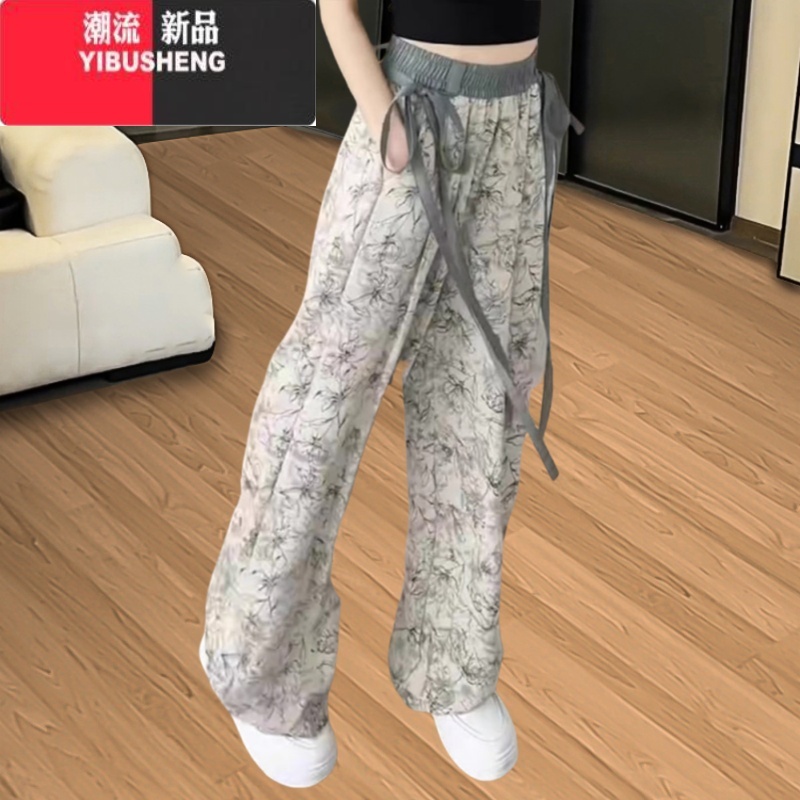 YIBUSHENG新中式国风冰丝雪纺阔腿裤女季薄款水墨画大码休闲裤垂感碎花裤高清大图