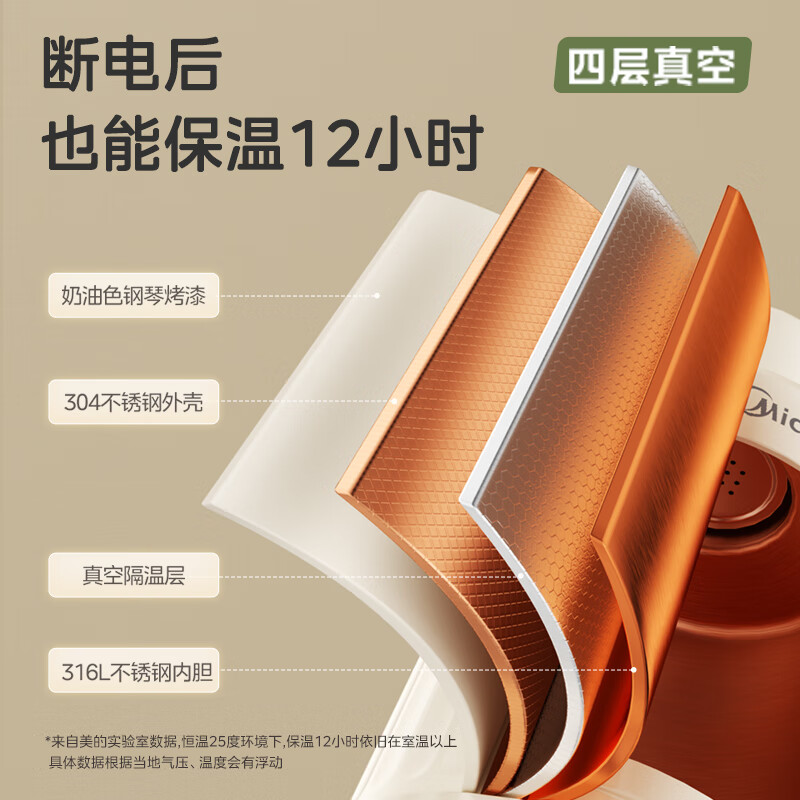 美的(Midea)电水壶316不锈钢内胆烧水壶开水壶烧开水电热水壶7段温度可控双烧水模式DB12X18-PRO(杏色)高清大图