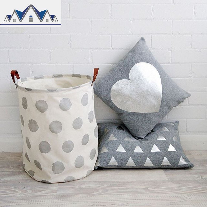INS北欧风家居儿童玩具收纳桶 皮把手防水整理储物桶棉麻脏衣篮 三维工匠收纳篮高清大图