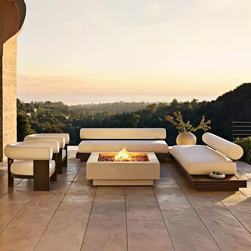 户外沙发柚木铝合金防晒实木防水防晒家具 无扶手双人+ 单人*2+茶几[铝合金]香槟色高清大图