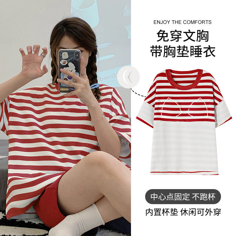 春夏季睡衣女新款带胸垫条纹圆领卡通短袖短裤可爱简约家居服套装高清大图