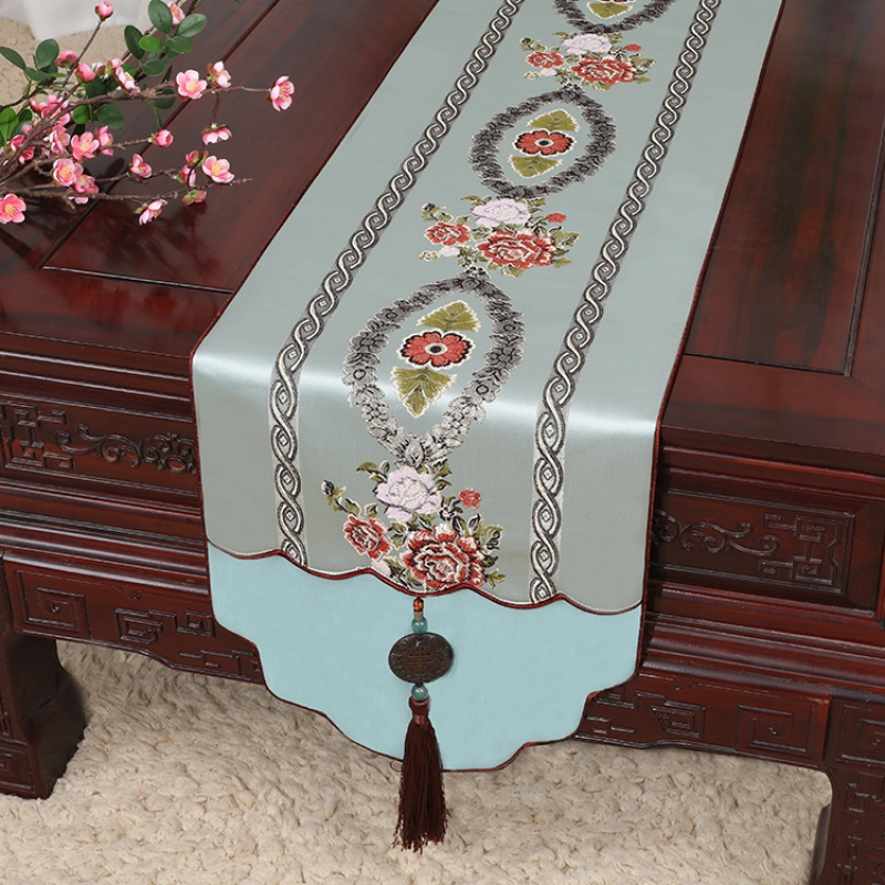 新中式古典玉桌旗茶几长条布艺中国风桌布床柜旗电视柜盖布 蓝 34*250适合桌长190-200CM高清大图