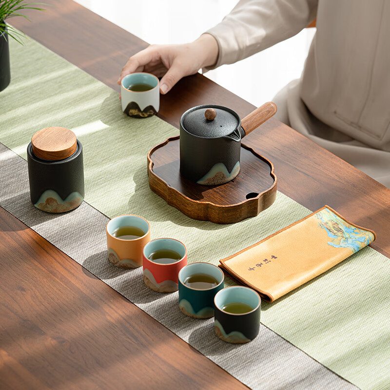 苏氏陶瓷/SUSHI CERAMICS J0924 手绘釉画彩千里江侧把壶五色杯高清大图