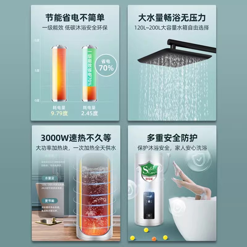 奥克斯电热水器120升150竖立200落地商用理发店大容量储水式家用 一级能效二百升高清大图