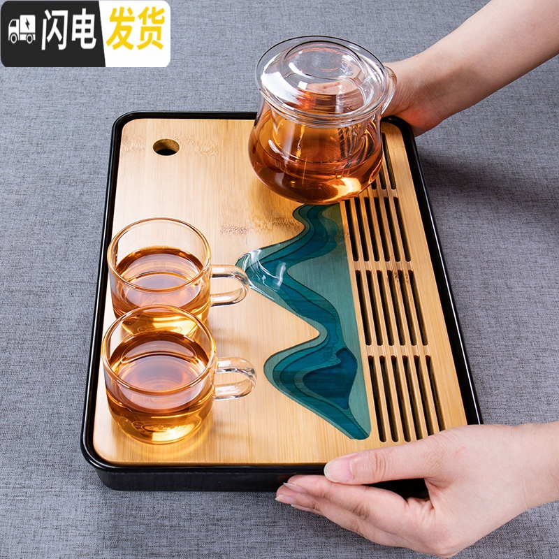 三维工匠功夫茶具套装圆形茶盘日式家用竹托盘简约实木干泡迷你小茶台 名山大川储水式竹茶盘白四方20.4x2.6cm