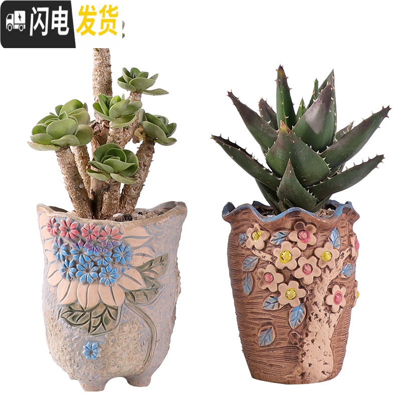 三维工匠多肉花盆陶瓷大号老桩花盆创意法师陶罐粗陶肉肉植物花盆 ()把手2件套 中等花盆容器高清大图