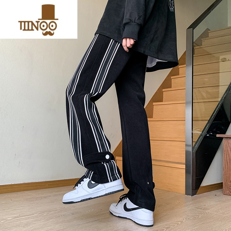 YANXU黑白条纹裤子男夏季美式高街垂感直筒运动裤潮牌宽松阔腿休闲长动高清大图