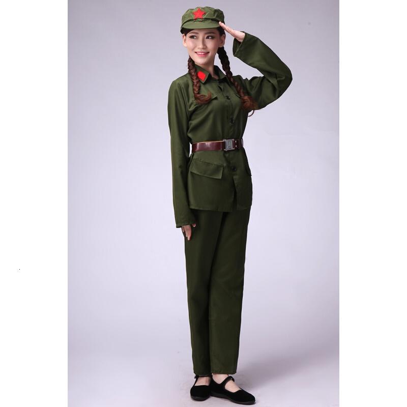 儿童红演出服八路军战服装解放帽表演服男女fjq长袖军绿色(帽子腰带衣服裤子)