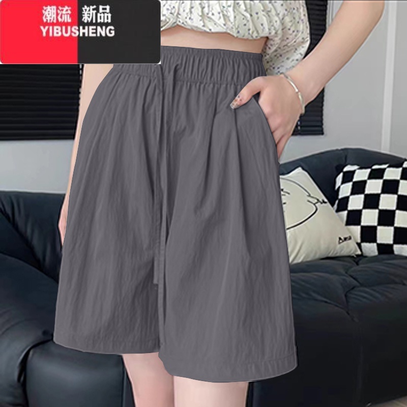 YIBUSHENG冰丝薄款山本短裤女季2024新款纯色高腰休闲阔腿中裤运动五分裤高清大图