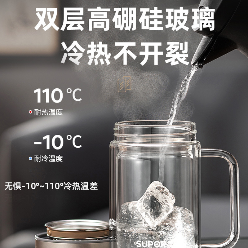 苏泊尔双层玻璃杯带把手柄带盖隔热女男士办公室泡茶水杯子大容量 510ml