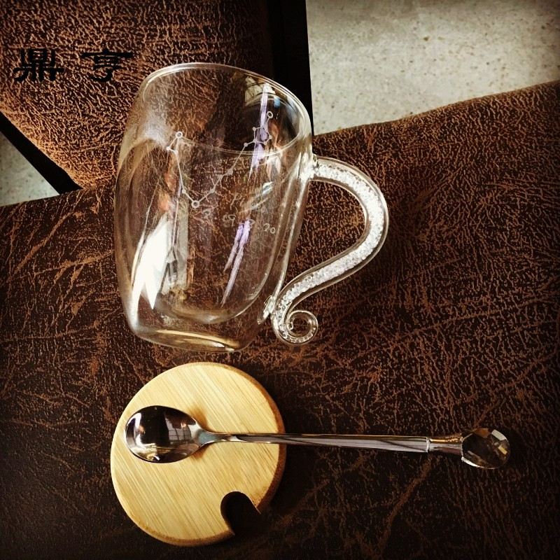 鼎亨定制星座情侣玻璃杯燕麦大容量马克杯带盖勺ins咖啡杯钻简约