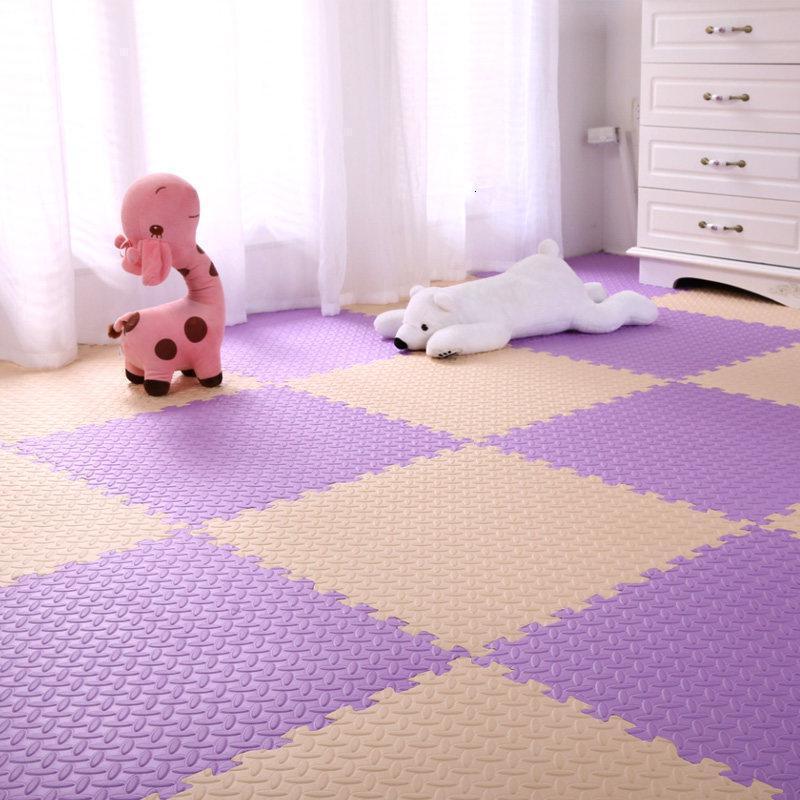 美帮汇泡沫地垫拼接拼图家用卧室铺地板海绵垫子加厚地毯儿童爬行爬爬垫 米+紫 60*60*1.0cm【9片送18根边条】