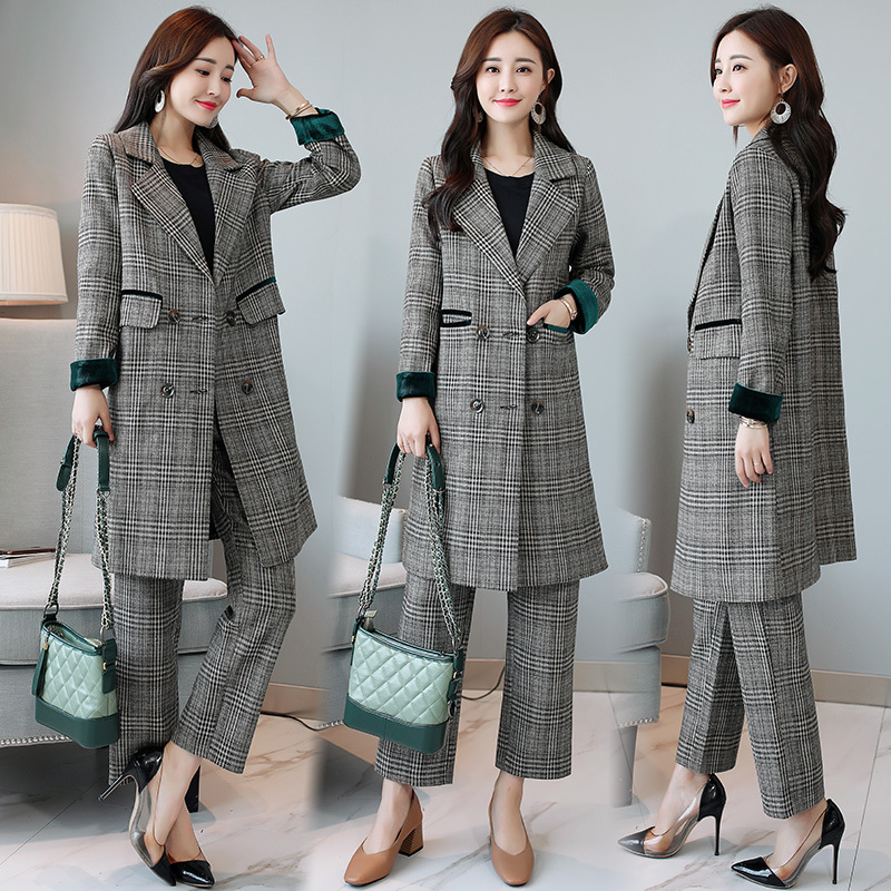 格子套装女女士秋季新品修身时尚大气显瘦高雅气质两件套长裤子潮