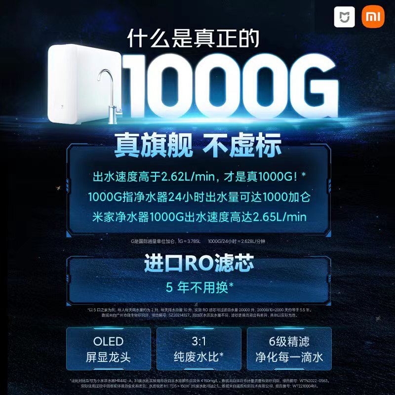 小米米家净水器1000G家用净水器全时无陈水低噪省水5年RO反渗透厨下直饮净水器