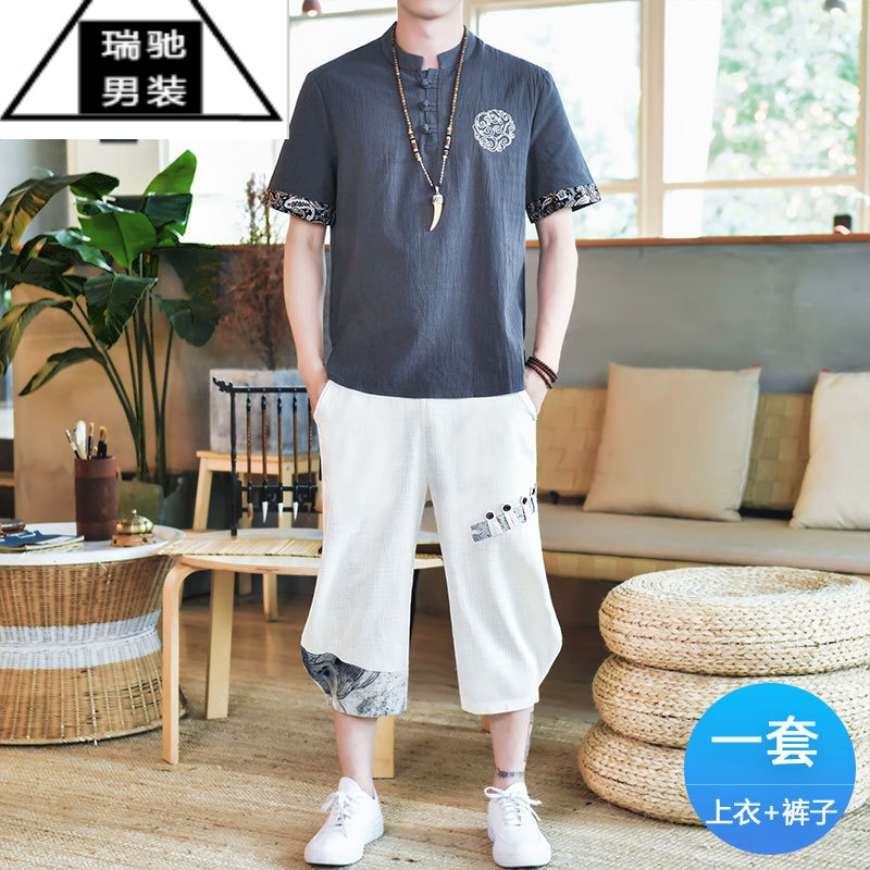 希杰狮王亚麻短袖T恤男夏季中国风套装男宽松棉麻复古刺绣大码上衣两件套