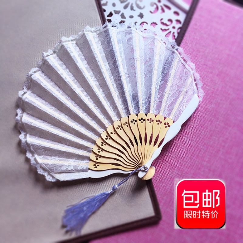 蕾丝扇子日式折扇折叠花边贝壳扇女式扇子折扇竹质工艺扇 三维工匠 蕾丝葵形扇(纯白色)高清大图