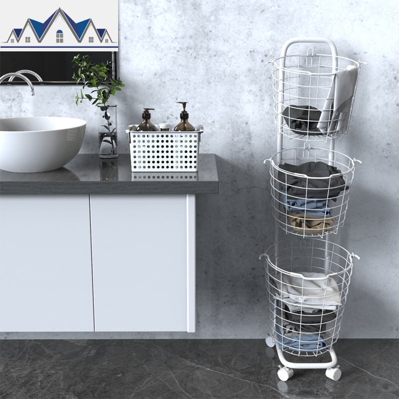 北欧铁艺脏衣篮置物架分类多层脏衣篓收纳洗衣篮子筐子衣服娄家用 三维工匠收纳篮 三篮白色+收纳筐套装省12元
