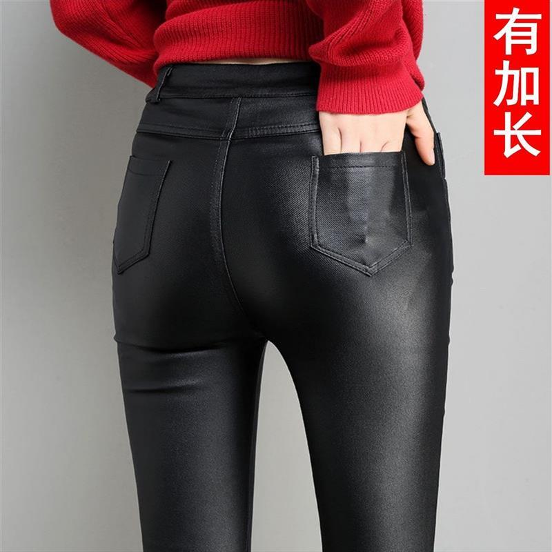高腰皮裤女加绒加厚秋冬新款加长打底裤外穿亚光磨砂紧身小脚靴裤