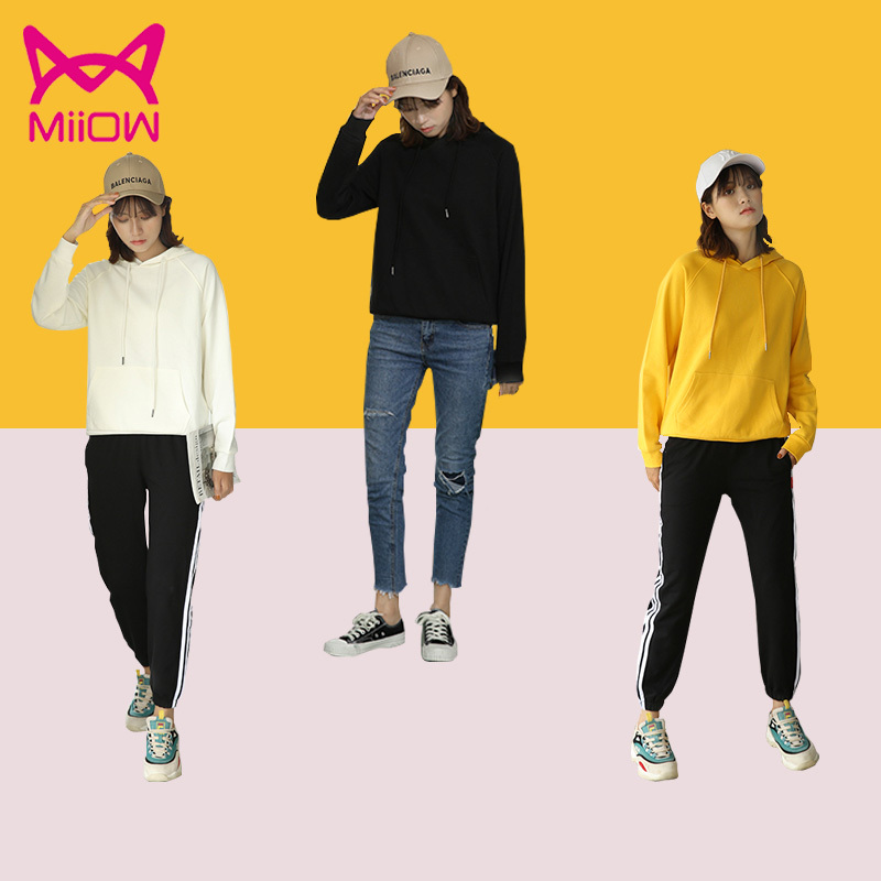 猫人春秋女士连帽纯色卫衣新款宽松上衣薄款