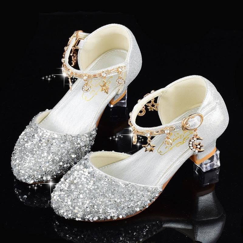可莉允女童高跟鞋公主钢琴礼服皮鞋儿童舞台表演鞋中大童模特走秀水晶鞋运动休闲鞋图片