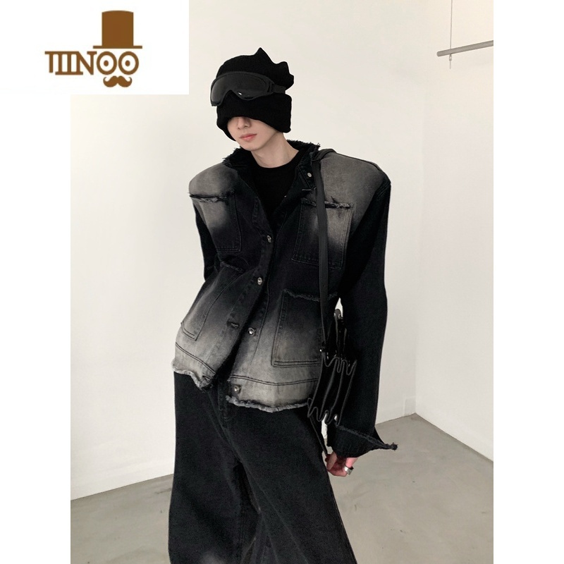 YANXU做旧毛边牛仔外套男设计感小众宽松休闲夹克美式炸街休闲渐变上N高清大图