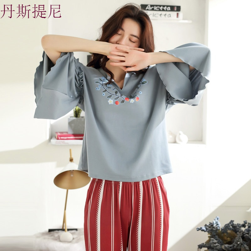 时尚睡衣女秋长袖2018新款春秋时尚纯棉两件套家居服套装韩版宽松