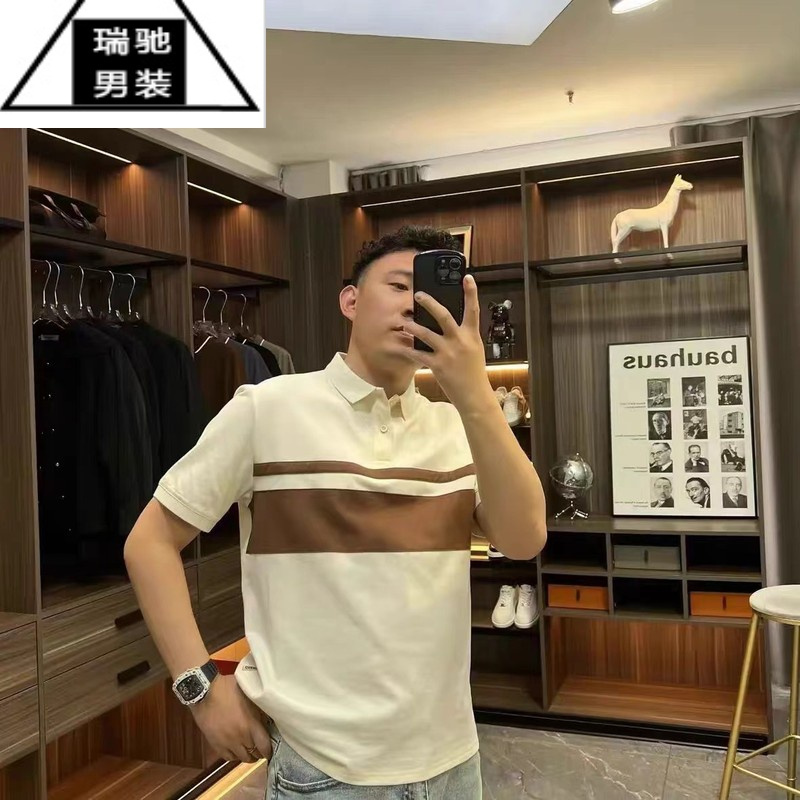 希杰狮王2023夏季新款男士翻领条纹POLO宽松弹力休闲拼色短袖T恤青年简约