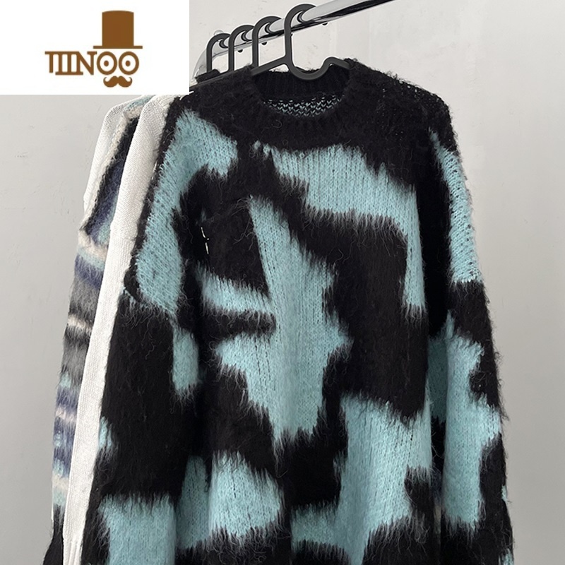 YANXU美式复古马海毛撞色毛衣男ins潮牌宽松小众设计懒惰风情侣针织情高清大图