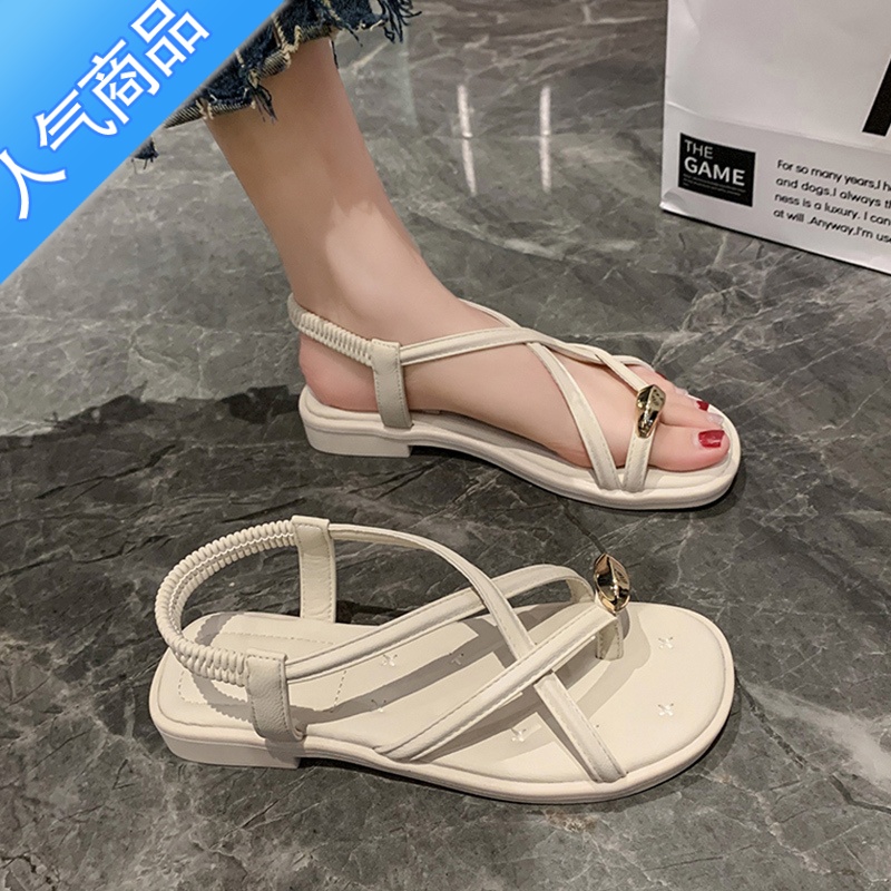 SUNTEK凉鞋女夏仙女风2023新款法式气质平底百搭小众金属套趾时装罗马鞋高清大图