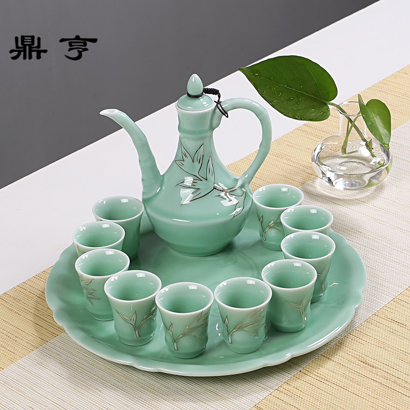 鼎亨陶瓷酒具套装 青瓷白酒杯分酒器温酒器烈酒杯 复古温酒壶中式