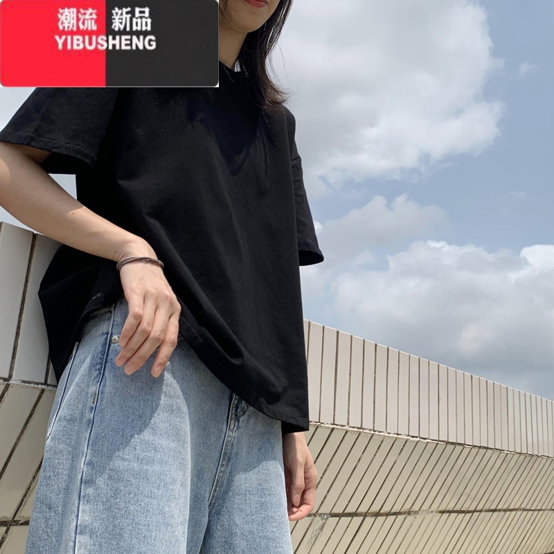 YIBUSHENG棉质装短袖t恤女黑色宽松显瘦半袖大码韩版2023新款上衣服ins潮高清大图