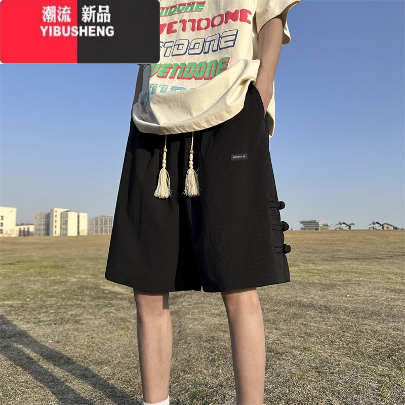 YIBUSHENG胖mm新中式盘扣短裤女2024新款季宽松休闲过膝五分中裤大码女装 黑色 2XL150-170斤