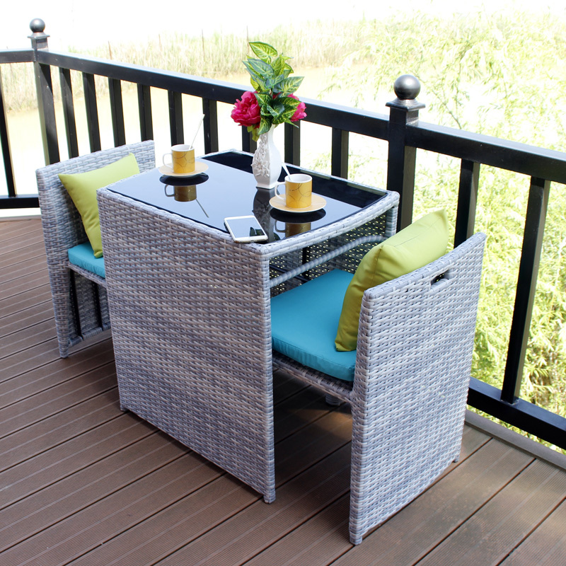 灰白色三件套视频介绍_阳台收纳小桌椅创意简约休闲喝茶藤编小圆桌