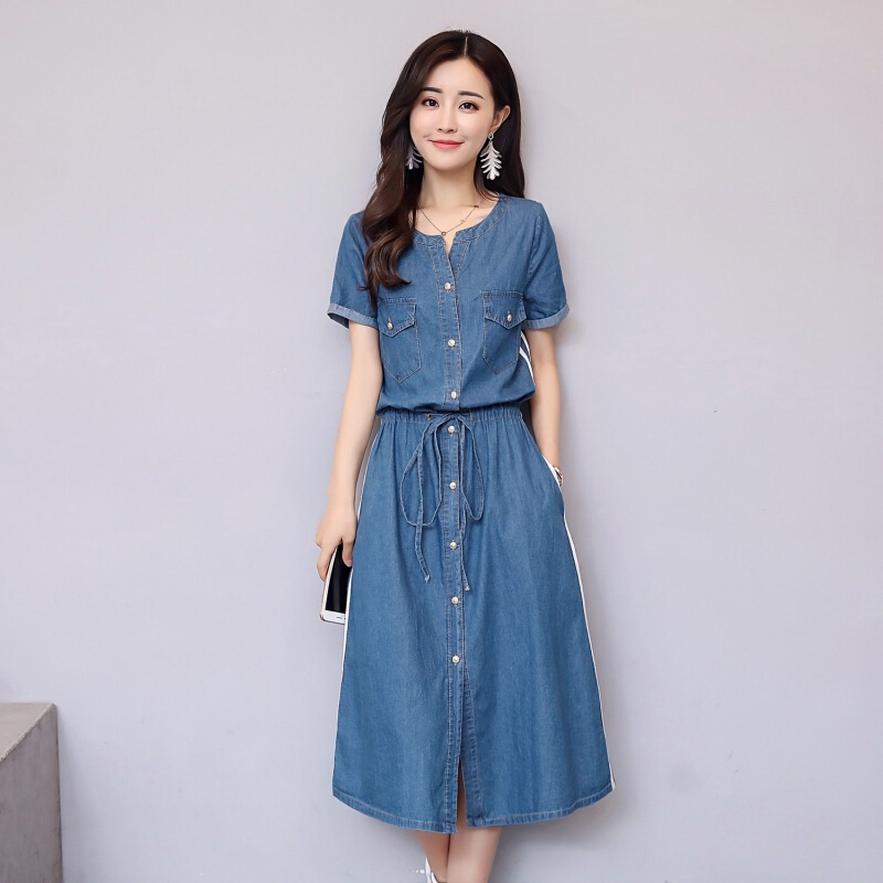 牛仔连衣裙子2018夏季新款过膝长款女文艺范休闲显瘦短袖牛仔连衣裙子长裙薄款蓝色