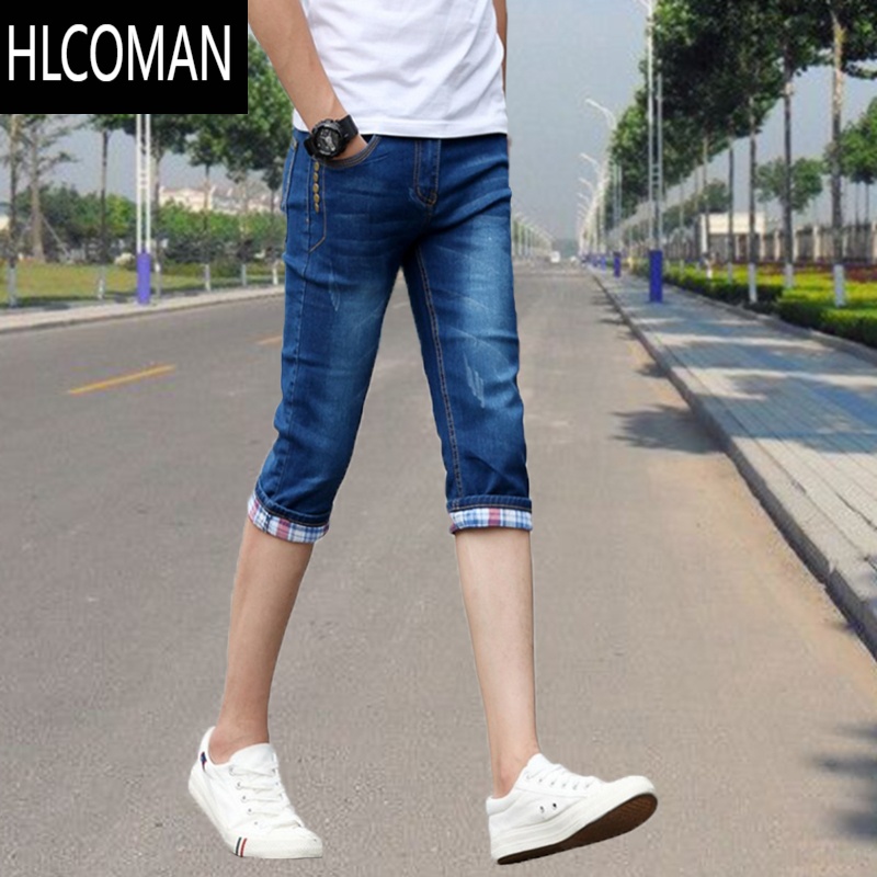 HLCOMAN夏季弹力七分裤男士薄款牛仔短裤青少年韩版潮男装百搭7分中裤青 34 五丁七分裤
