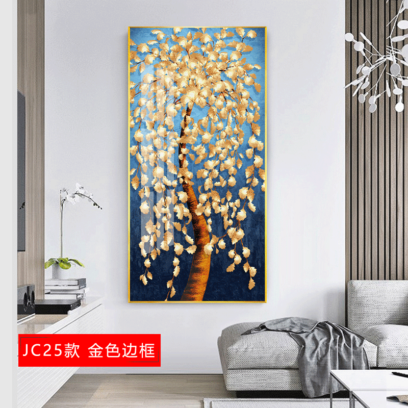 入户玄关装饰晶瓷画风水过道壁画进大气走廊竖版新中式挂画 jc25（金色边框） 75*150cm晶瓷画(晶瓷工_5_407
