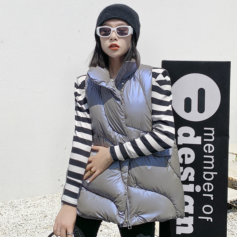 秋冬亮面马甲女士短款a版背心外穿加厚坎肩立领大码马夹外套