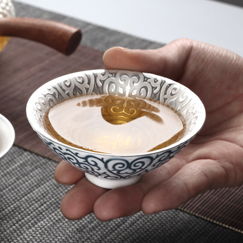 999纯银手工鎏银茶杯斗笠杯陶瓷品茗杯茶碗镶银主人杯茶盏杯礼品