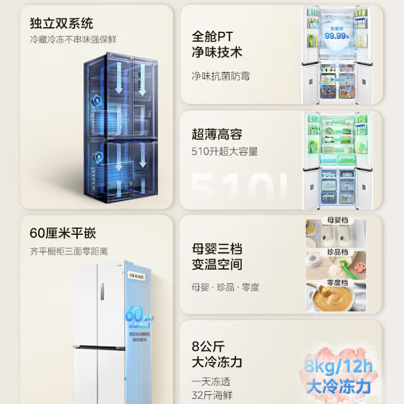 [官方正品]美的M60系列510升十字对开门嵌入变频无霜双系循环大容冰箱 MR-535WUSPZE流苏白 以旧换新