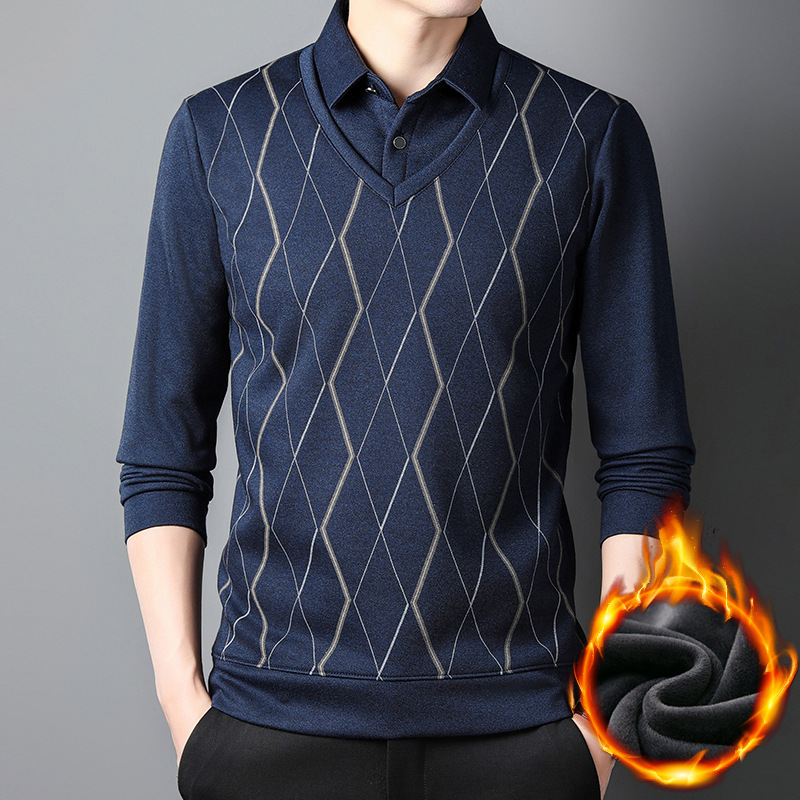 加厚假两件长袖T恤衫男秋冬新款保暖加绒打底Polo衫中年男装上衣_02
