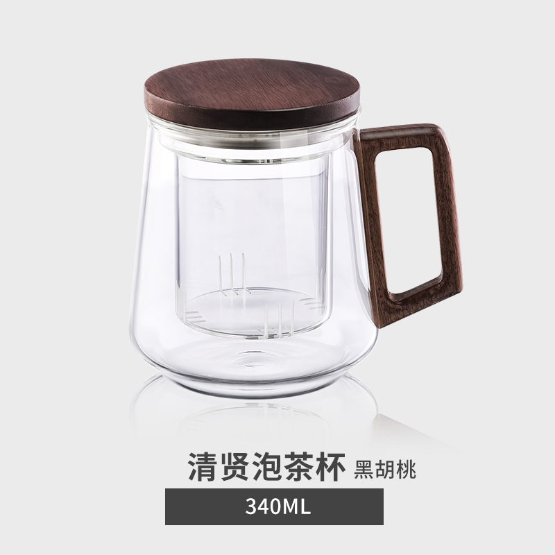 JEKO&JEKO 玻璃泡茶杯耐热防爆茶水分离茶道办公室喝茶男士个人专用杯子带盖 340ml清贤泡茶杯透明色 340ml