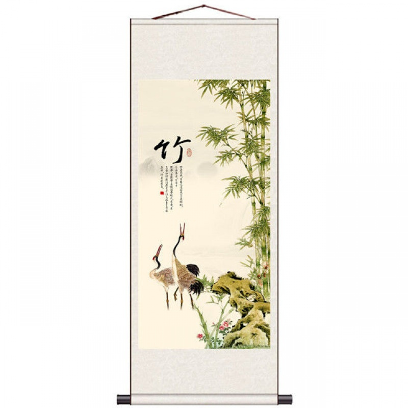 O款 140*45宣纸喷绘 板桥竹子国画名家字画风水玄关装饰画丝绸卷轴画客厅装饰画办公室