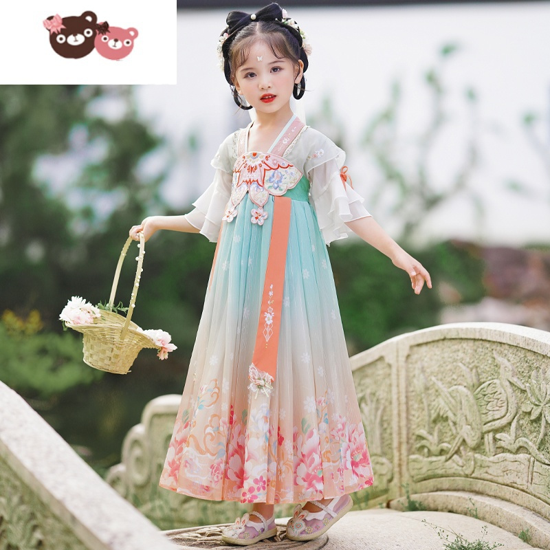 绿彩虹光汉服女童超仙连衣裙儿童夏装中国风薄款女孩古装襦裙夏季童装