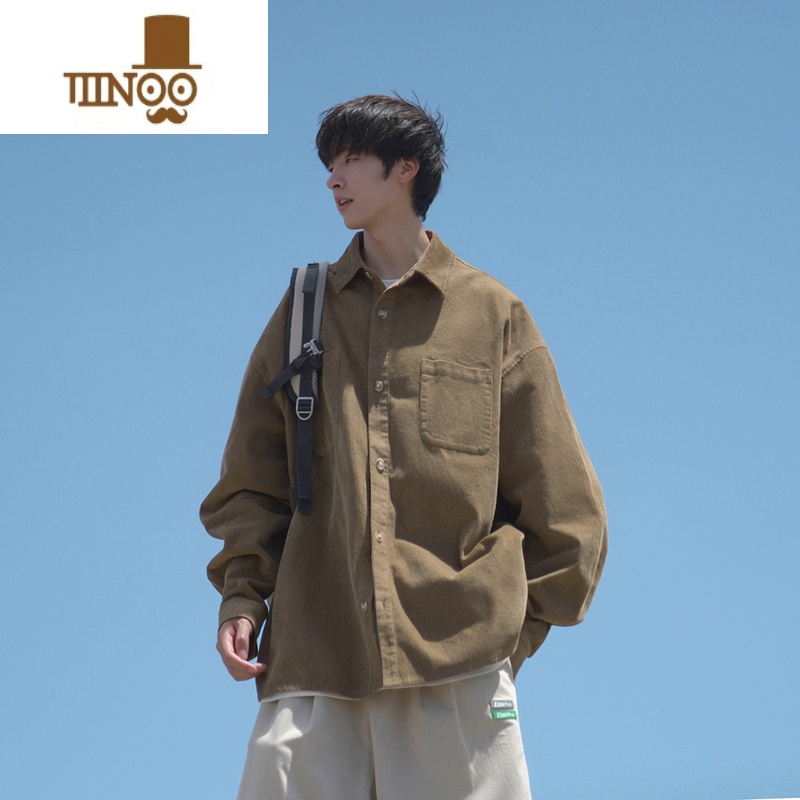 YANXUE2023秋季新款男长袖衬衫无弹日系复古纯色百搭休闲学生衬衣高清大图