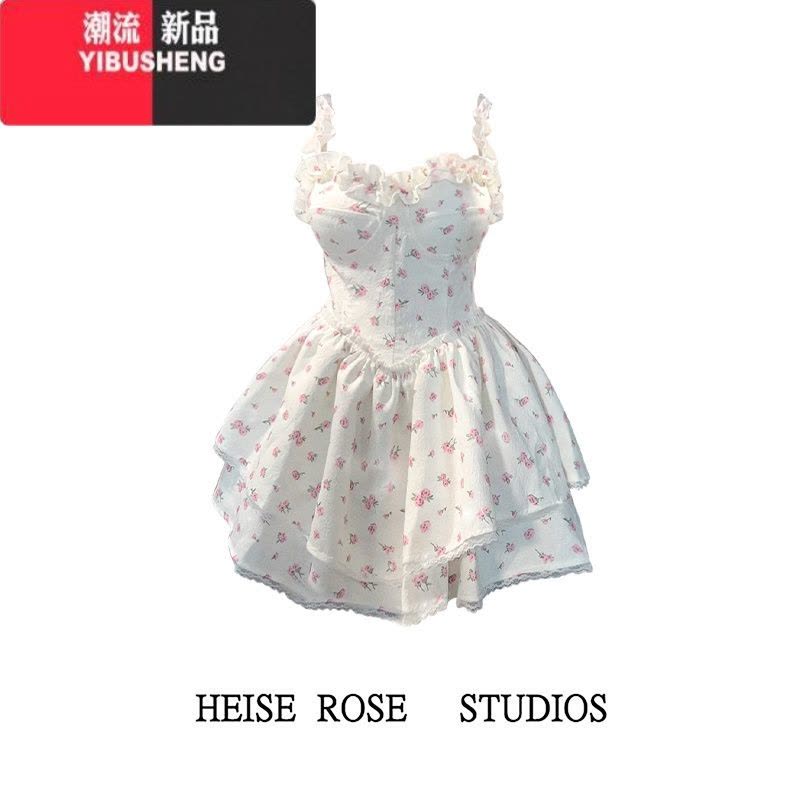 YIBUSHENG法式白色碎花吊带连衣裙女季新款辣妹纯欲风收腰显瘦公主蓬蓬裙图片