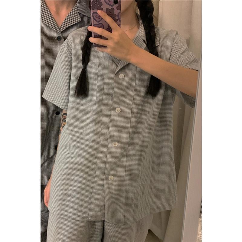 灰格女款 均码 韩版格子家居服套装短袖衬衫上衣短裤裤子女装夏季情侣睡衣两件套