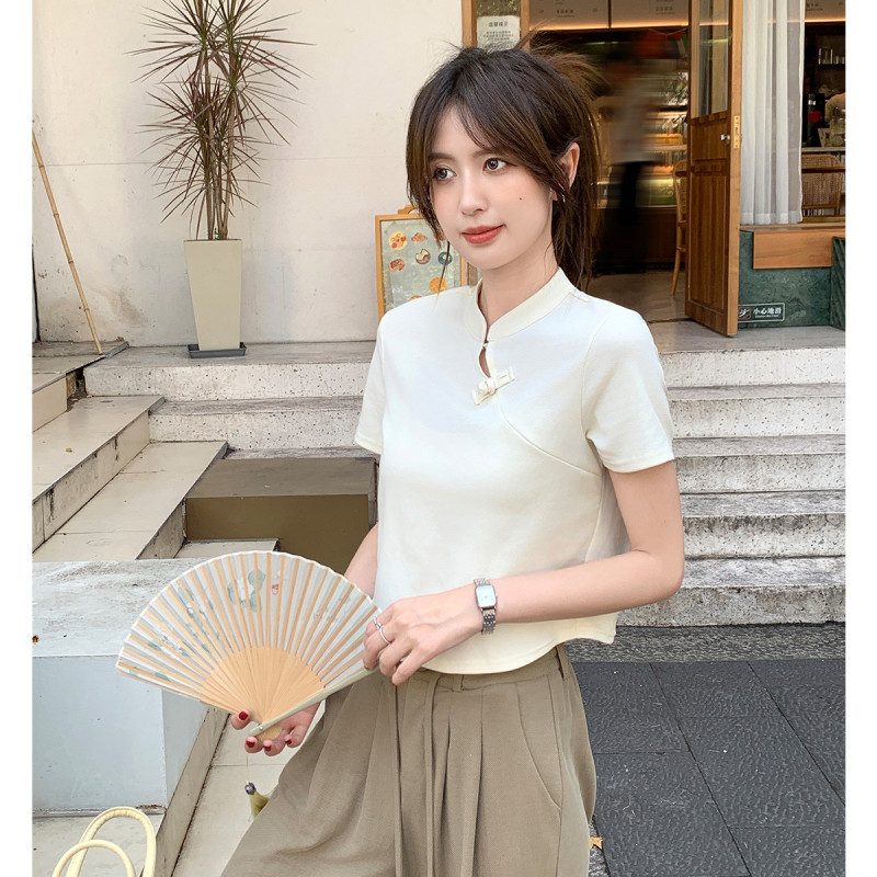 [2.5折价64元]唐狮夏季女圆领新中式短袖T恤气质优雅高级感百搭简约时尚